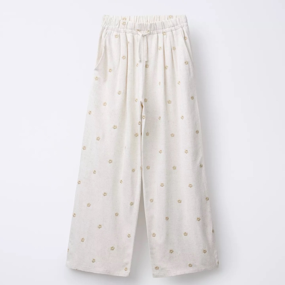 Zara Kids Embroidered Floral Wide Leg Linen Pant
